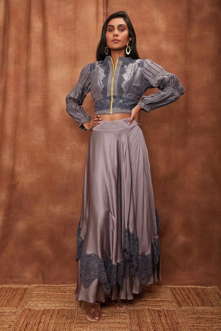 Jajobaa Grey Top Silk Organza Embroidered Lace Stand Crop And Work Skirt Set 
