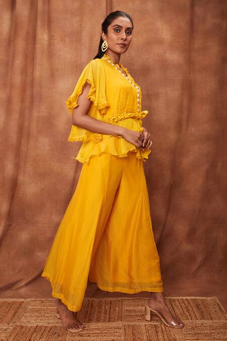 Jajobaa_Yellow Silk Organza Ruffle Top And Flared Pant Set_Online_at_Aza_Fashions