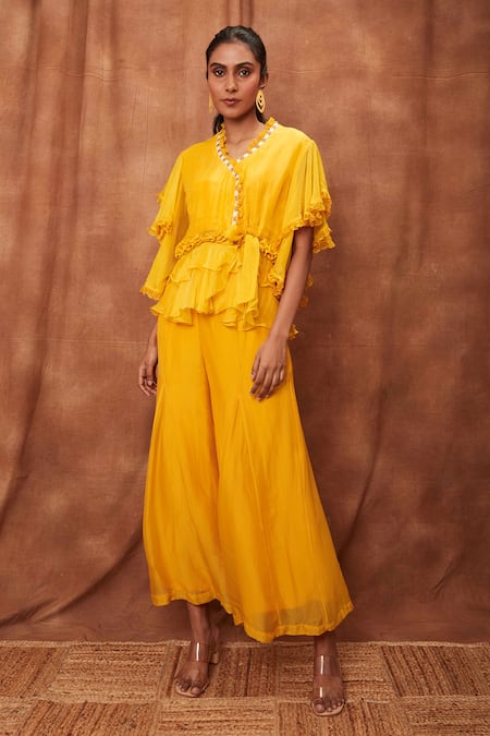 Buy_Jajobaa_Yellow Silk Organza Ruffle Top And Flared Pant Set_Online_at_Aza_Fashions
