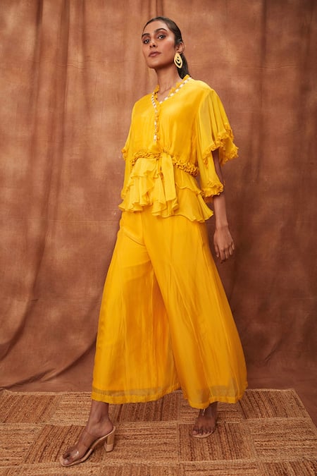 Shop_Jajobaa_Yellow Silk Organza Ruffle Top And Flared Pant Set_Online_at_Aza_Fashions