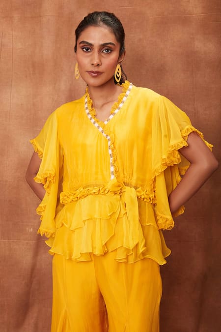 Jajobaa_Yellow Silk Organza Ruffle Top And Flared Pant Set_at_Aza_Fashions