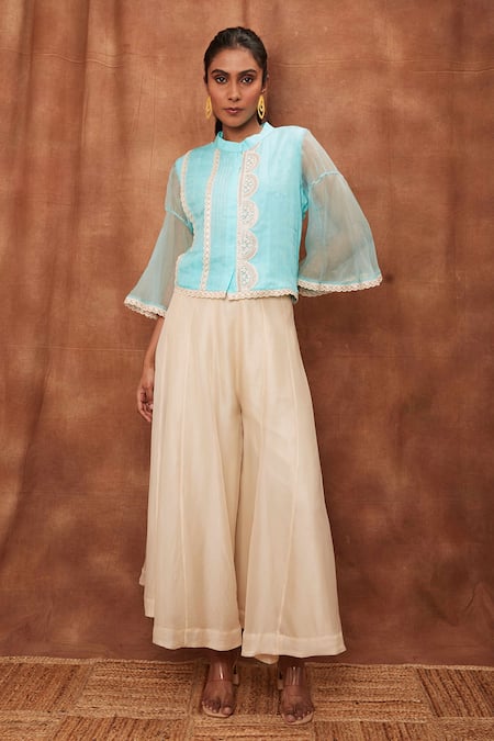 Jajobaa Blue Silk Organza Embroidered Floral Round Crop Top And Flared Pant Set