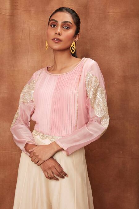 Shop_Jajobaa_Pink Silk Organza Embroidered Floral Round Pintuck Crop Top And Flared Pant Set_Online_at_Aza_Fashions