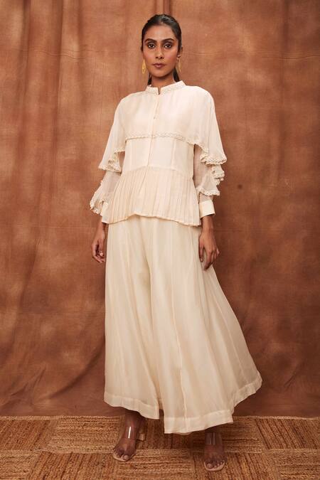 Buy_Jajobaa_Cream Silk Organza Chinnon Round Overlay Ruffle Top And Flared Pant Set_Online_at_Aza_Fashions