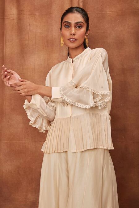 Jajobaa_Cream Silk Organza Chinnon Round Overlay Ruffle Top And Flared Pant Set_at_Aza_Fashions