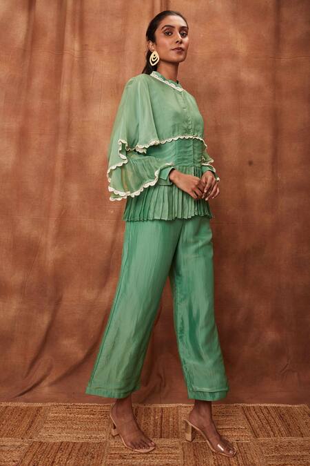 Jajobaa_Green Silk Organza Chinnon Round Overlay Ruffle Top And Flared Pant Set_Online_at_Aza_Fashions