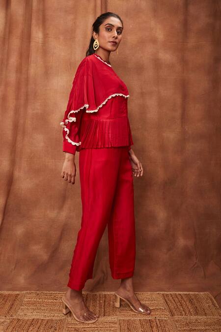 Jajobaa_Red Silk Organza Chinnon Round Overlay Ruffle Top And Flared Pant Set_Online_at_Aza_Fashions