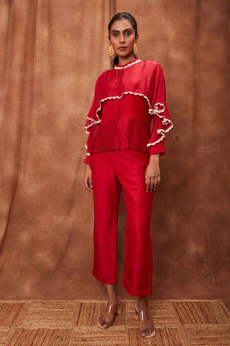 Buy_Jajobaa_Red Silk Organza Chinnon Round Overlay Ruffle Top And Flared Pant Set_Online_at_Aza_Fashions