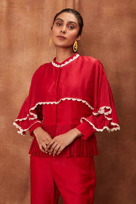 Jajobaa_Red Silk Organza Chinnon Round Overlay Ruffle Top And Flared Pant Set_at_Aza_Fashions