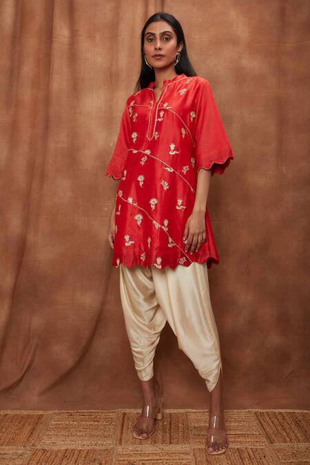 Buy_Jajobaa_Red Maheshwari Silk Embroidered Silver Gold Zari Work Kurta And Dhoti Pant Set_Online_at_Aza_Fashions