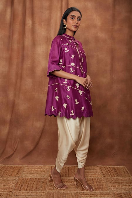 Jajobaa Purple Maheshwari Silk Embroidered Silver Gold Zari Work Kurta And Dhoti Pant Set Online at Aza Fashions Jajobaa_Purple Maheshwari Silk Embroidered Silver Gold Zari Work Kurta And Dhoti Pant Set_Online_at_Aza_Fashions