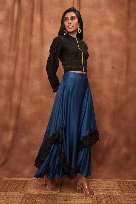 Jajobaa_Black Top Silk Organza Embroidered Lace Stand Collar Crop And Work Skirt Set_Online_at_Aza_Fashions