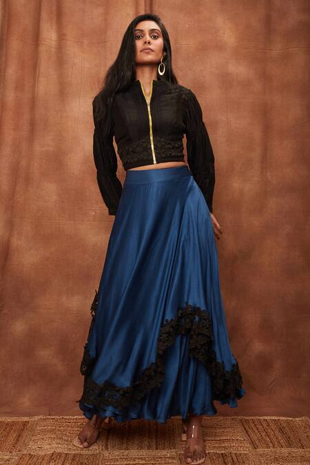 Buy_Jajobaa_Black Top Silk Organza Embroidered Lace Stand Collar Crop And Work Skirt Set_Online_at_Aza_Fashions