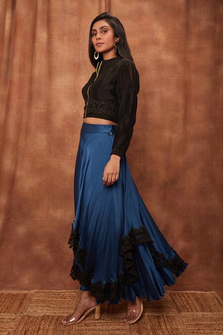 Shop_Jajobaa_Black Top Silk Organza Embroidered Lace Stand Collar Crop And Work Skirt Set_Online_at_Aza_Fashions