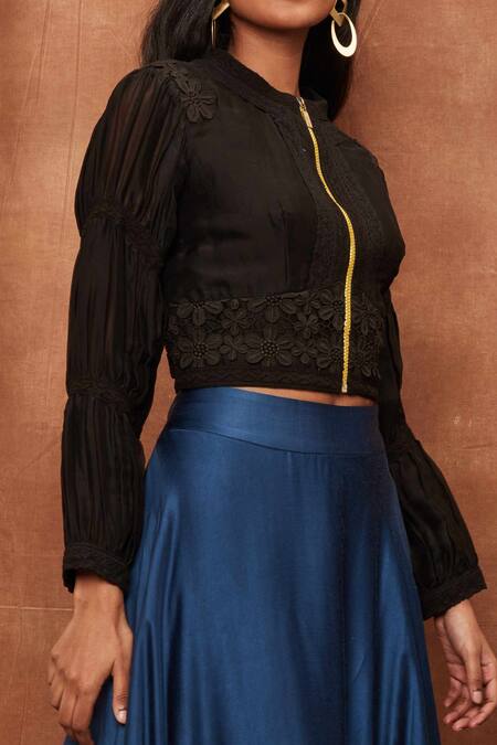 Jajobaa_Black Top Silk Organza Embroidered Lace Stand Collar Crop And Work Skirt Set_at_Aza_Fashions
