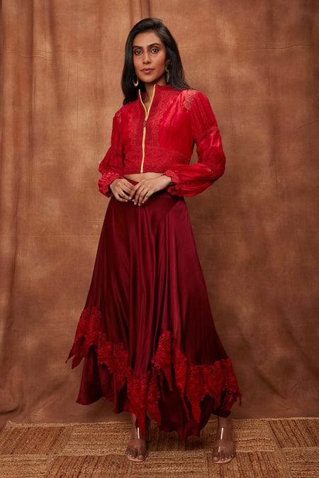 Jajobaa Maroon Top Silk Organza Embroidered Lace Crop And Work Skirt Set 