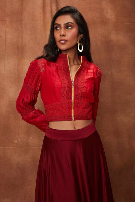 Buy Maroon Top Silk Organza Embroidered Lace Crop And Work Skirt