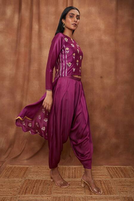 Jajobaa_Purple Maheshwari Silk Embroidered Silver Draped Dhoti Pant With Asymmetric Top_Online_at_Aza_Fashions