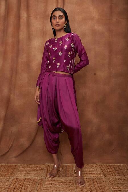 Buy_Jajobaa_Purple Maheshwari Silk Embroidered Silver Draped Dhoti Pant With Asymmetric Top_Online_at_Aza_Fashions