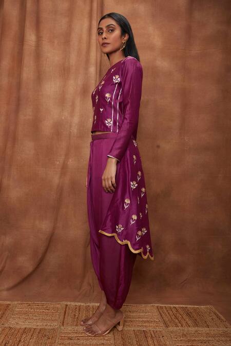 Shop_Jajobaa_Purple Maheshwari Silk Embroidered Silver Draped Dhoti Pant With Asymmetric Top_Online_at_Aza_Fashions