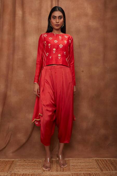 Buy_Jajobaa_Red Maheshwari Silk Embroidered Silver Draped Dhoti Pant With Asymmetric Top_Online_at_Aza_Fashions