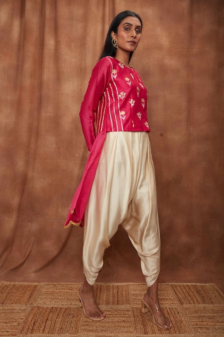Jajobaa_Pink Maheshwari Silk Embroidered Silver Draped Dhoti Pant With Asymmetric Top_Online_at_Aza_Fashions