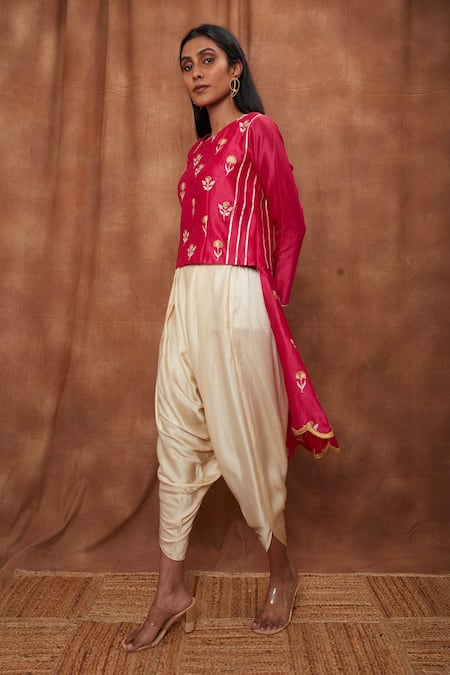 Buy_Jajobaa_Pink Maheshwari Silk Embroidered Silver Draped Dhoti Pant With Asymmetric Top_Online_at_Aza_Fashions