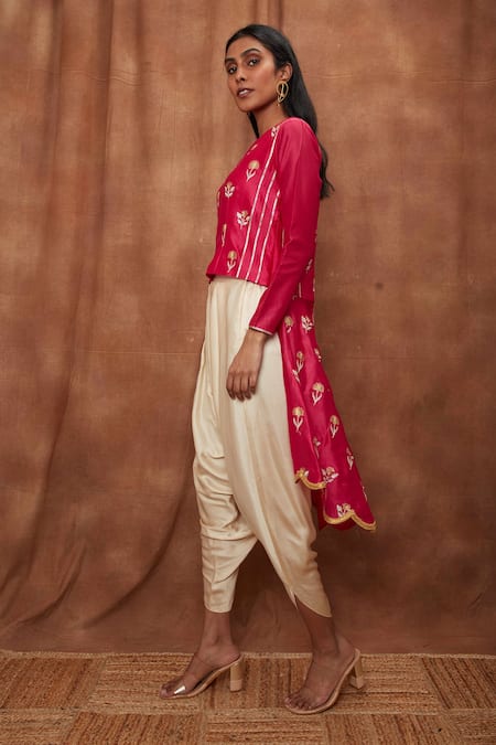 Shop_Jajobaa_Pink Maheshwari Silk Embroidered Silver Draped Dhoti Pant With Asymmetric Top_Online_at_Aza_Fashions