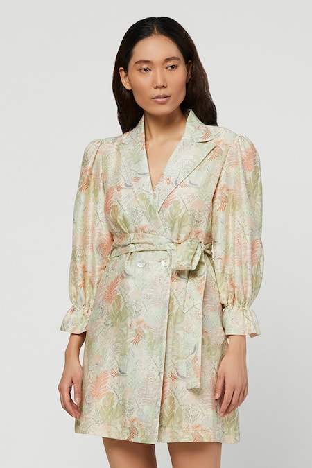 Meadow Green Silk Chanderi Lapel Printed Terra Blazer Dress  