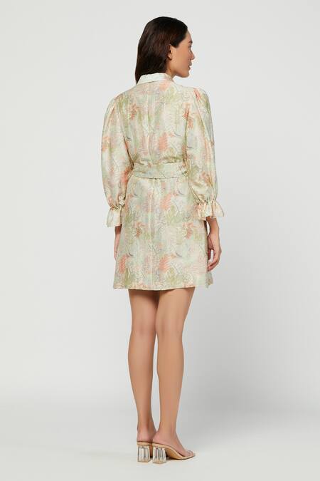 Shop_Meadow_Green Silk Chanderi Lapel Printed Terra Blazer Dress _at_Aza_Fashions