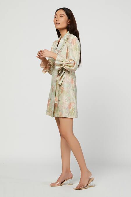 Meadow_Green Silk Chanderi Lapel Printed Terra Blazer Dress _Online_at_Aza_Fashions