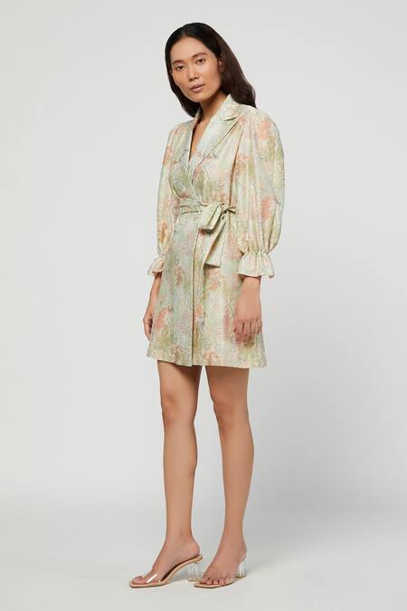Buy_Meadow_Green Silk Chanderi Lapel Printed Terra Blazer Dress _Online_at_Aza_Fashions