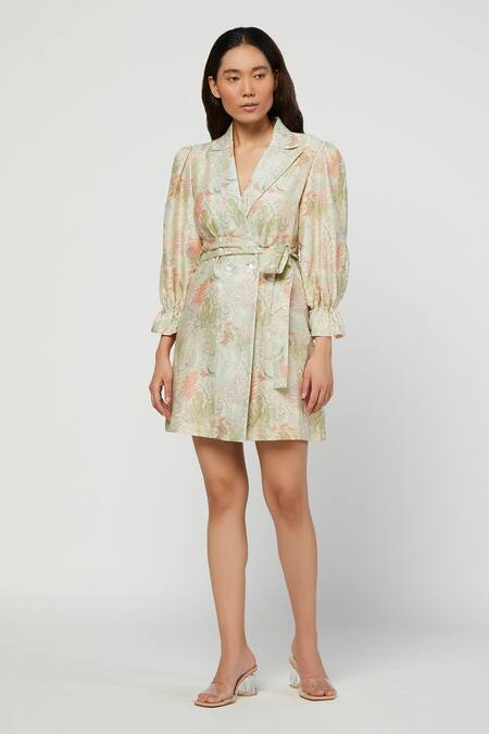 Shop_Meadow_Green Silk Chanderi Lapel Printed Terra Blazer Dress _Online_at_Aza_Fashions