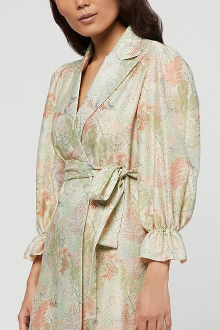 Meadow_Green Silk Chanderi Lapel Printed Terra Blazer Dress _at_Aza_Fashions