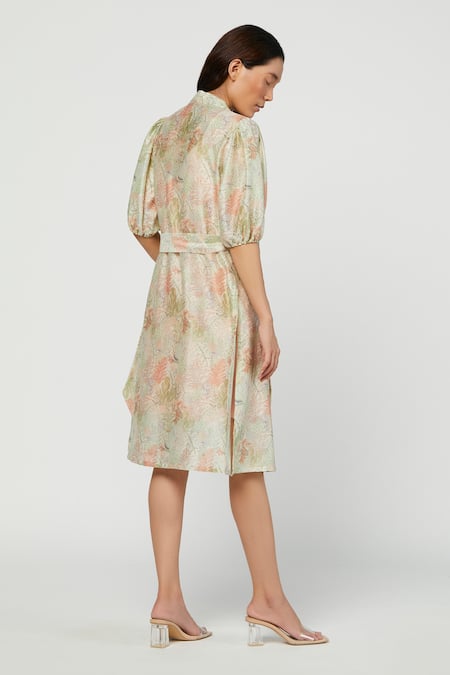 Shop_Meadow_Green Silk Chanderi Lapel Terra Jacket With Dress _at_Aza_Fashions