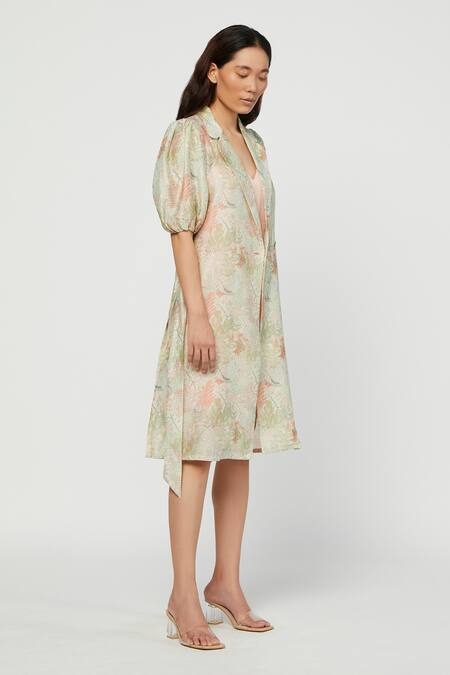 Meadow_Green Silk Chanderi Lapel Terra Jacket With Dress _Online_at_Aza_Fashions