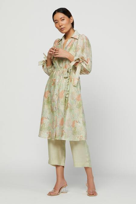 Shop Meadow Green Silk Chanderi Spread Collar Printed Terra Shirt Dress Online at Aza Fashions Shop_Meadow_Green Silk Chanderi Spread Collar Printed Terra Shirt Dress _Online_at_Aza_Fashions