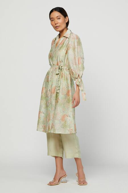Meadow Green Silk Chanderi Spread Collar Printed Terra Shirt Dress Online at Aza Fashions Meadow_Green Silk Chanderi Spread Collar Printed Terra Shirt Dress _Online_at_Aza_Fashions