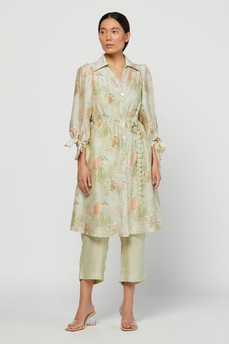 Buy Meadow Green Silk Chanderi Spread Collar Printed Terra Shirt Dress Online at Aza Fashions Buy_Meadow_Green Silk Chanderi Spread Collar Printed Terra Shirt Dress _Online_at_Aza_Fashions