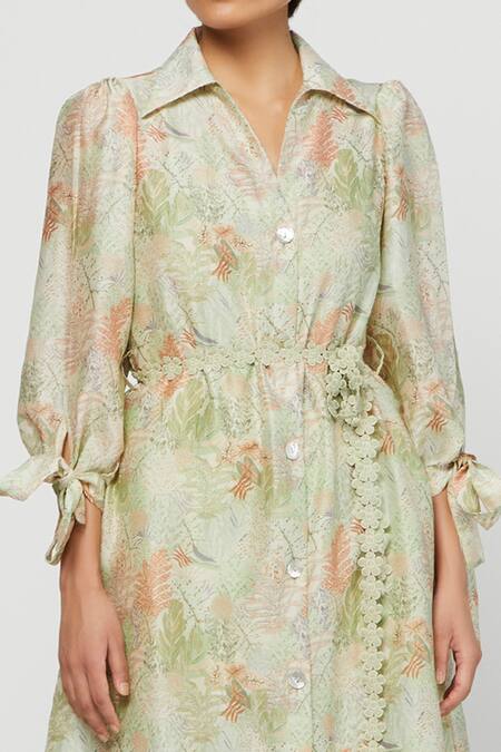 Meadow Green Silk Chanderi Spread Collar Printed Terra Shirt Dress at Aza Fashions Meadow_Green Silk Chanderi Spread Collar Printed Terra Shirt Dress _at_Aza_Fashions