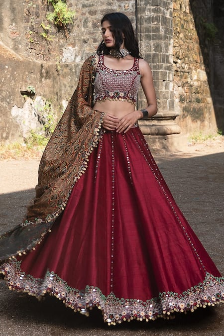 Wine Embellished Raw Silk Lehenga Set With Net Dupatta