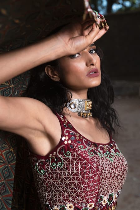 Shop_Nitara Dhanraj Label_Maroon Raw Silk Mirror Work U Neck Lehenga Set With Ajrakh Print Dupatta _Online_at_Aza_Fashions