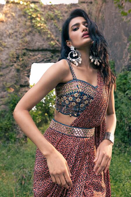 Nitara Dhanraj Label_Multi Color , Raw Geometric Motifs Printed Draped Saree With Blouse _Online_at_Aza_Fashions