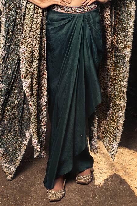 Buy_Nitara Dhanraj Label_Green , Raw , Dupion Zardozi And Thread Draped Skirt Set With Cape _Online_at_Aza_Fashions