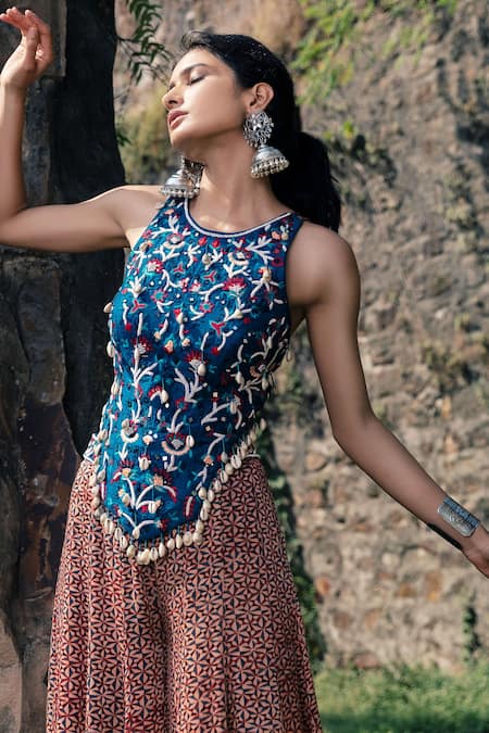 Nitara Dhanraj Label_Peach , Raw Mirror And Thread Embroidery, Printed Palazzo & Top Set _Online_at_Aza_Fashions