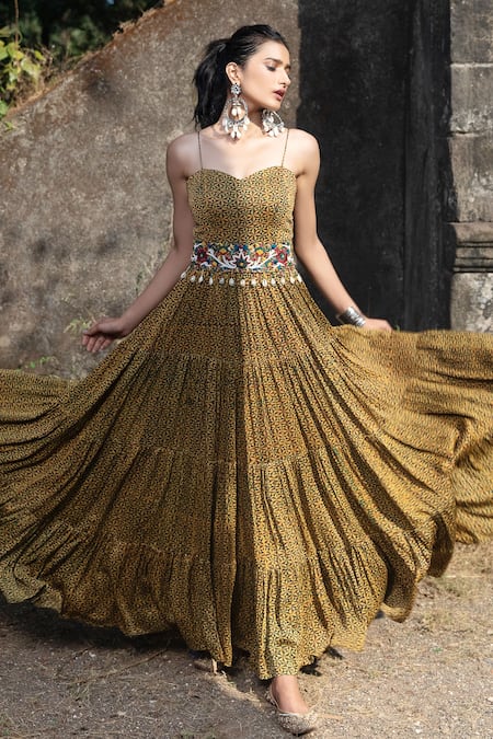 Nitara Dhanraj Label Yellow Silk Geometric Motifs Sweetheart Neck Printed Tiered Dress 