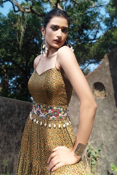 Nitara Dhanraj Label_Yellow Silk Geometric Motifs Sweetheart Neck Printed Tiered Dress _Online_at_Aza_Fashions