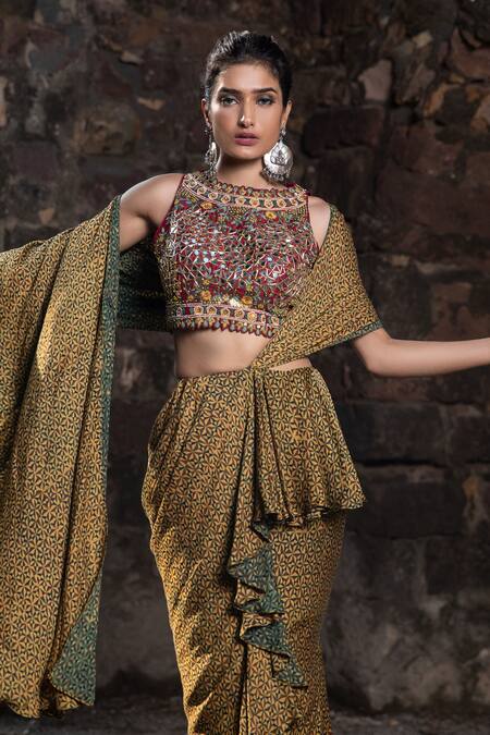 Nitara Dhanraj Label_Yellow , Raw Geometric Motifs Crew Pre-draped Ruffle Saree With Blouse _Online_at_Aza_Fashions