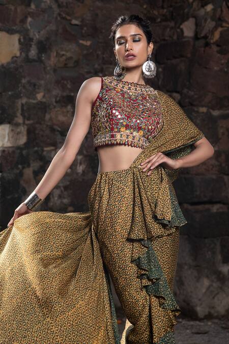 Buy_Nitara Dhanraj Label_Yellow , Raw Geometric Motifs Crew Pre-draped Ruffle Saree With Blouse _Online_at_Aza_Fashions