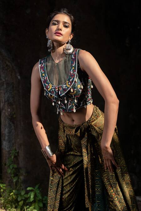 Nitara Dhanraj Label_Yellow , Raw Mirror And Thread Embroidery, Zardozi Draped Pant & Top Set _Online_at_Aza_Fashions